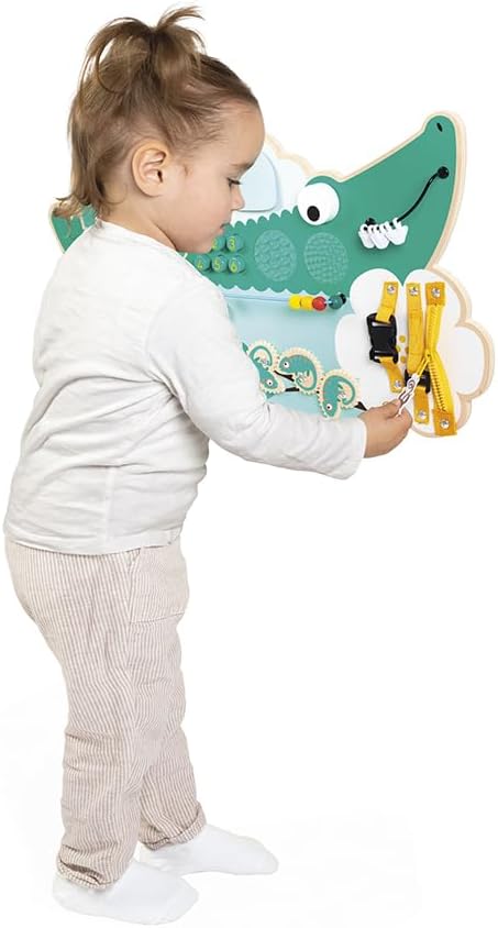 Janod Busy Board Crocodile Theme Jungle Animals - 14 Activities for Boys Girls - Develops Fine Motor Skills - FSCTM - Wooden Toy - from 18 Months - J08280