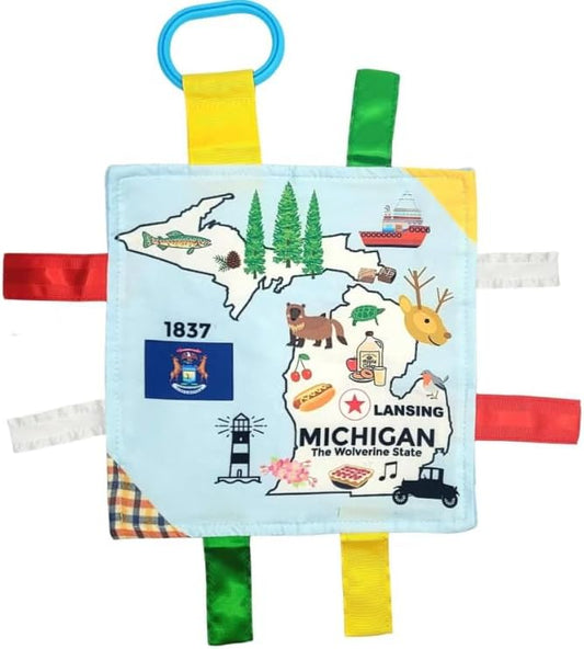 Baby Jack & Co 8x8” Learning Lovey Michigan State Tag Stroller Toy for Babies - Crinkle Toys for Developing Five Senses - Learn About Capitals - Travel with Baby Jack - BPA Free Clip
