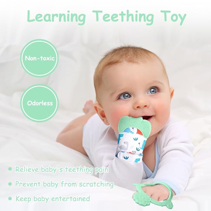 Vicloon Silicone Teething Mitt, 2Pcs Mitten With Adjustable Strap, Crinkle Sound and Textured, Self-Soothing Chew Toys for 0-6 Month Infants
