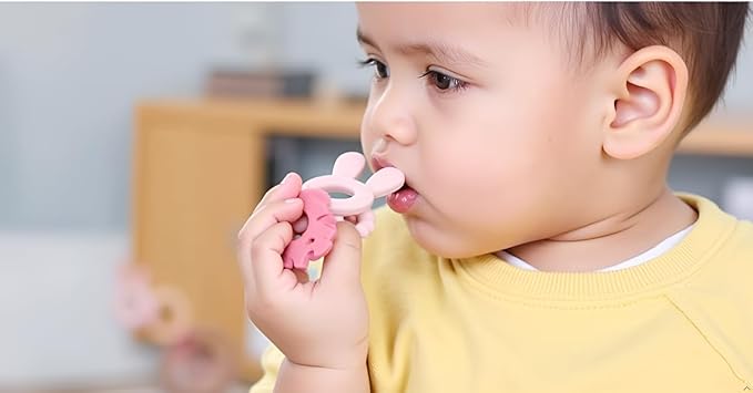 | Bohemian Teether | Baby Teether | Sensory Exploration and Teething Relief | 100% Food-Grade Silicone Teether Toy | BPA Free | Chewbeads | Silicone with Beechwood Ring | (Pink)