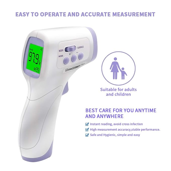 Forehead Thermometer for Adults and Kids, Touchless Infrared Thermometer with LCD Display and Instant Readings