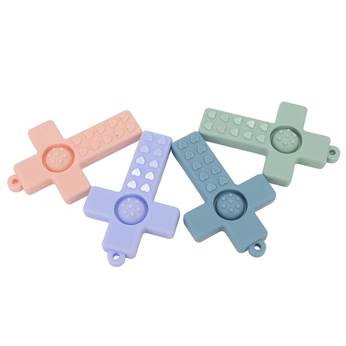 4PCS Baby Teething Toys, Cross Shape Teethers with Silicone Lanyard, Colorful Infant Chew Toys for Newborn Infant