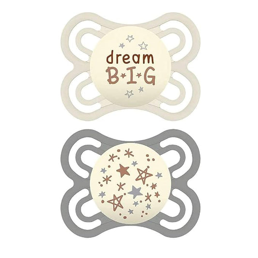 MAM Perfect Baby Pacifier 0-6 Months, Extra Thin Nipple, Developed with Orthodontists, Clinically Proven, Glows in The Dark, BPA-Free Silicone, Pack of 2, Made in Europe