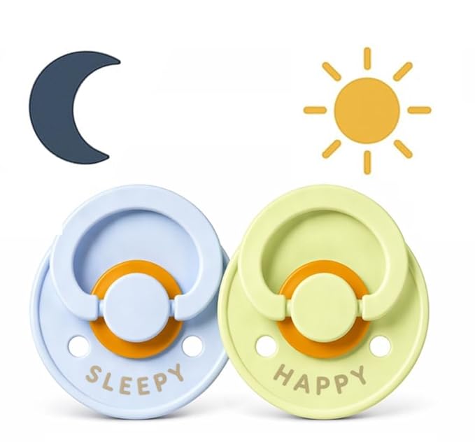 RABENS Silicone Pacifiers 2 Pack Happy & Sleepy Design BPA Free Natural Rubber Nipple Emotional Support for Babies 0–36 Months