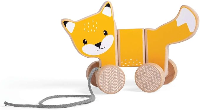 Bigjigs Toys FSC® Certified Fox Pull Along Toy - Eco-Friendly Wooden Fox with Grey Pull Cord, Quality Pull Along Toys for 1 Year Olds, Wooden Baby Toys with Non-Toxic Paints & Lacquers