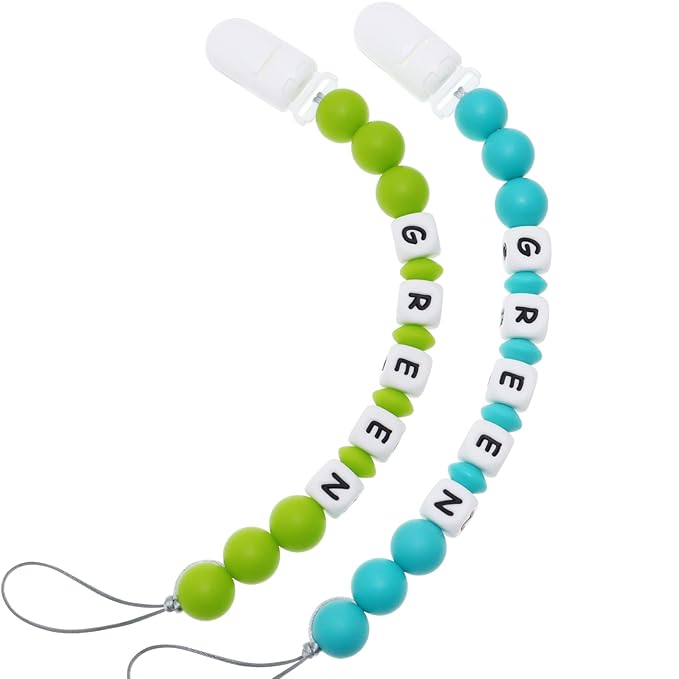 Personalized Pacifier Clip with Name, Customizable Pacifier Clip (2 Pack) (Green + Turquoise)