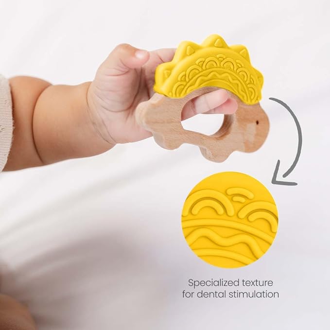 Baby Must Haves – Baby Teething Toys and Teether for Soothing Relief – Perfect for Teething Toys 3-6 Months and Shower Gifts – Soft, BPA-Free, Ergonomic Dinosaur Wood Design.