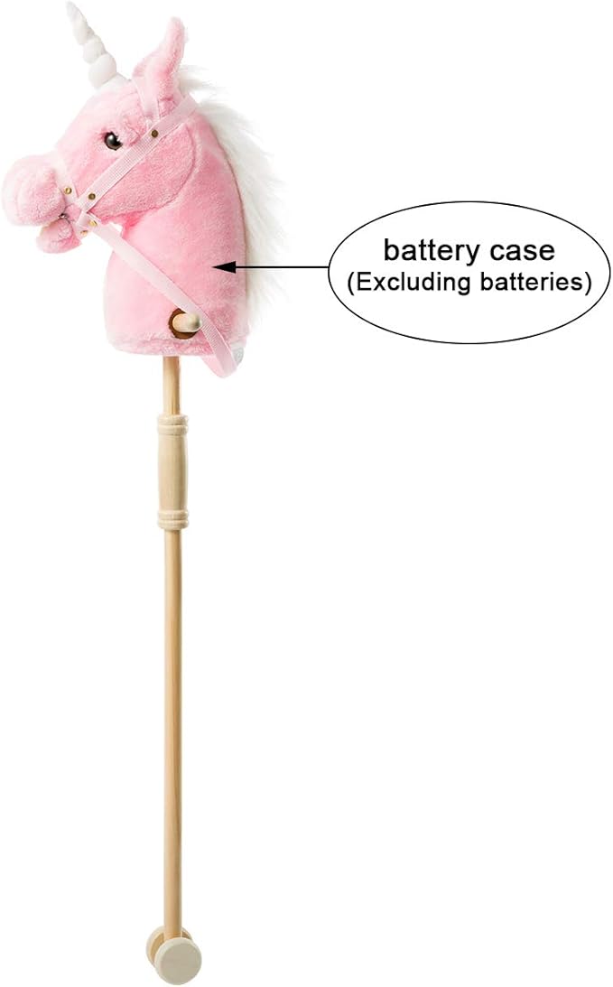 HollyHOME Plush Unicorn Stick Horse with Wood Wheels Real Pony Neighing and Galloping Sounds Plush Toy Pink 37 Inches(AA Batteries Required)
