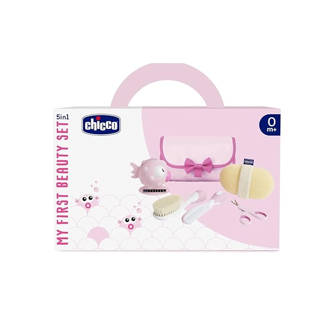Chicco My First Beauty Set 5-in-1, Chicco Hygiene Set for Newborns, Products for Hygiene Children, Comb, Brush, Nail Scissors, Thermometer and Bath Sponge, Baby Accessories 0 Months, Pink