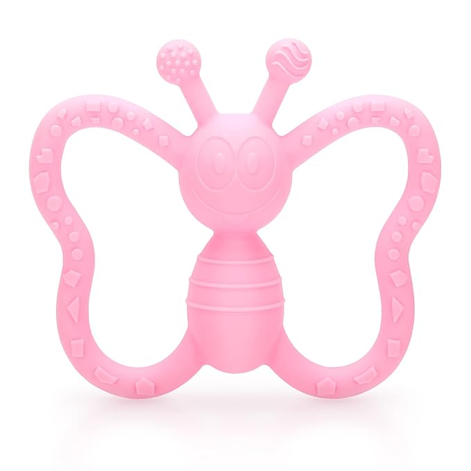 Baby Teething Toys, Butterfly Design Teether Pain Relief Toy for Newborn Babies, Freezer Safe Neutral Shower Gift, Soft Textured for Boy and Girl