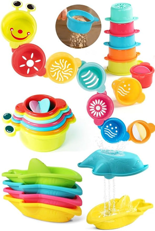 Zeewoo Baby Bath Toys for Kids Ages 1-3 Toddler Bath Toys Mold Free Bathtub Toys for 12+ Months Pool Water Table Beach Sand Toys Stacking Cups Floating Boats for 1+ Years Old Girls Boys Gifts 11 PCS
