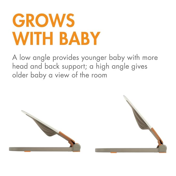 Boon Slant Portable Baby Bouncer - Folding Baby Seat for Infants - Lightweight Portable Baby Chair with Machine Washable Fabric and 3-Point Harness - Tan