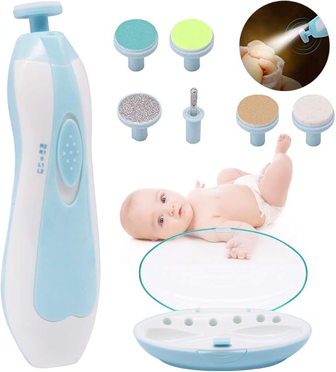 Baby Nail File Safe Electric Nail Trimmer for Newborn 6 in 1 Manicure Set with LED Light, Toes Fingernails Care Trim Polish Grooming Kit for Infant Toddler Kids or Women