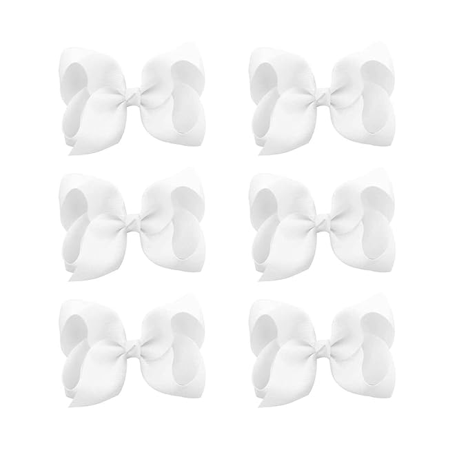 6 PCS 3" Grosgrain Ribbon Hair Bows - Alligator Clips for Toddlers in Solid Color (White)