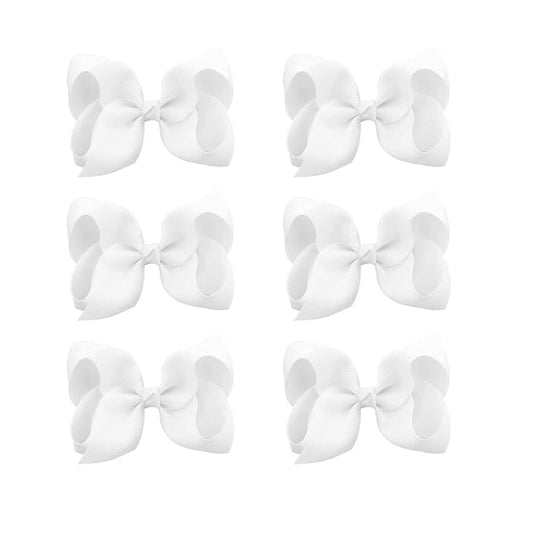 6 PCS 3" Grosgrain Ribbon Hair Bows - Alligator Clips for Toddlers in Solid Color (White)