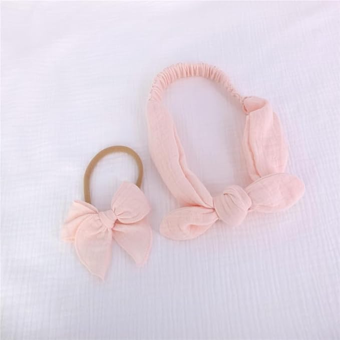 Sugarmelon Original Cotton Gauze Headband for Newborn Toddler Infant Baby Girl Kids Muslin Cotton Hair Bow Headbands Turban Elastic Hair Bands (2 pcs Light Pink)