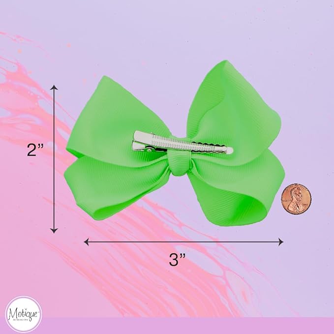 3 Inch Grosgrain Bow for Little Girls- Set of 2 (Lime Green)