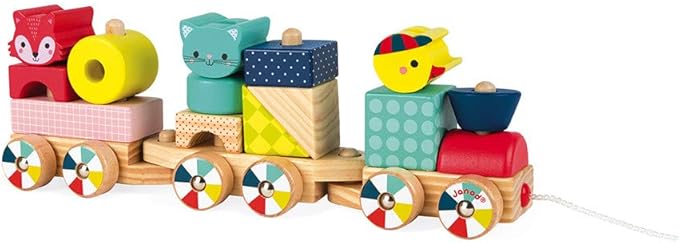 Janod - Baby Forest Wooden Train - Pull-Along Toy - 17 Blocks Included - Learning Shapes and Colours - Developing Fine Motor Skills - from 1 Year Old, J08022