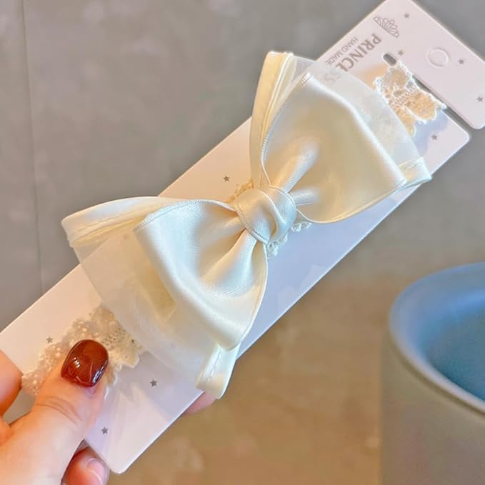 Cute Baby Girl Lace Headband Lace Bow Hair Accessories Elastic Bow Head Wrap for Newborn Infant Toddler Christening Baptism Party Hair Accessories for 0-36 Months (Ivory E, Free)