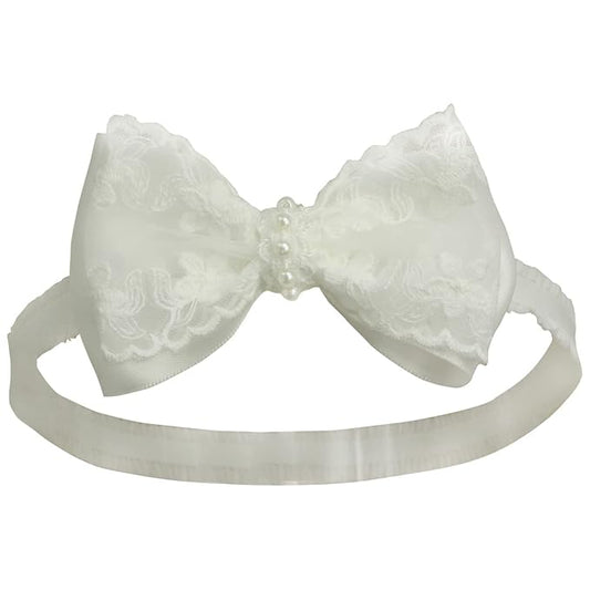 White Baby Bow Headband for Baptism Christening Satin Lace Hair Band with Cross for Toddler (Embroidery Lace +pearl white bow-3, 0-6 months)