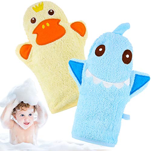 Shappy 2 Pieces Baby Bath Mitt Washcloths with Cute Animal Designs Yellow Duck Shark Towel Gentle Soft Scrub for Toddler Bath and Shower