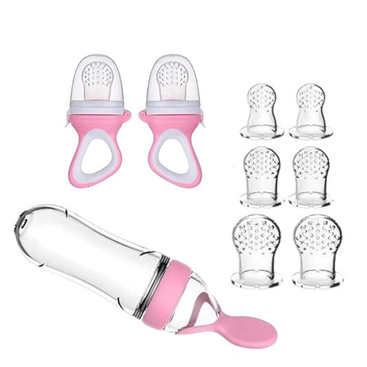 9-Piece Silicone Baby Fruit Feeder & Pacifier Set - Includes 2 Pacifiers, 1 Feeder Spoon, 6 Replacements (3 Sizes) - Pink