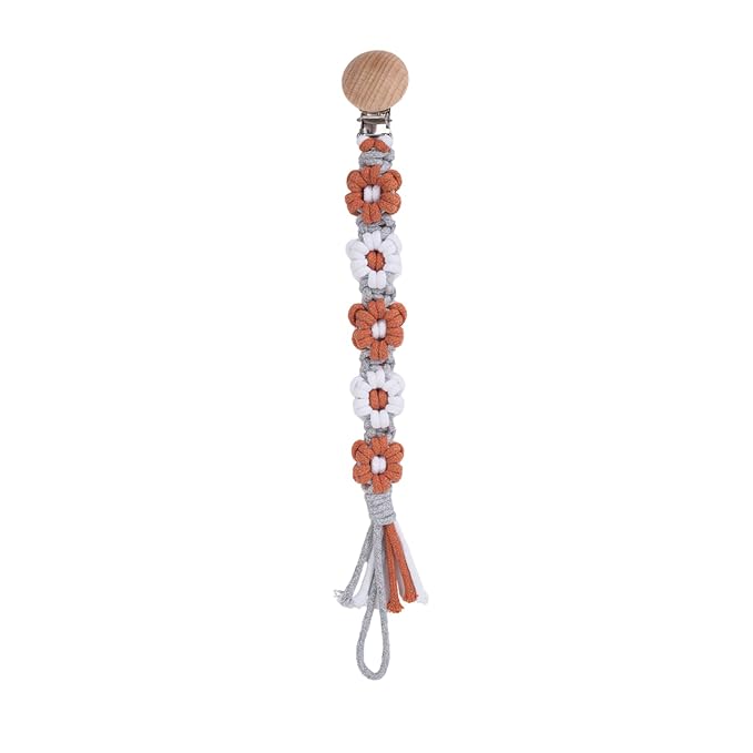 Pacifier Clip for Boys Girls Floral Daisy Macrame Baby Paci Clip Pacifier Holder Leash Boho Wooden Clips Handmade Braided Cotton Binky Clips (1pack:Caramel Style B)