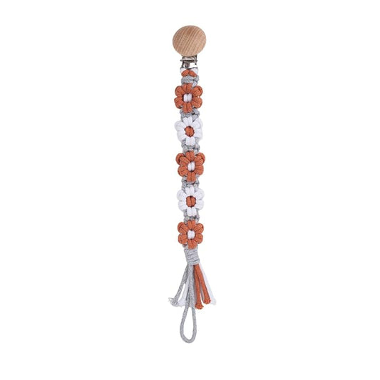 Pacifier Clip for Boys Girls Floral Daisy Macrame Baby Paci Clip Pacifier Holder Leash Boho Wooden Clips Handmade Braided Cotton Binky Clips (1pack:Caramel Style B)