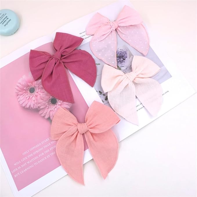Pack of 4 Gorgeous Fable Bow Hair Clips for Girls Women Linen Hair Bow Alligator Clips Toddler Baby Mom Young Girl Hair Accessories (Pink/Rose)