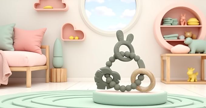 | Bohemian Teether | Baby Teether | Sensory Exploration and Teething Relief | 100% Food-Grade Silicone Teether Toy | BPA Free | Chewbeads | Silicone with Beechwood Ring | (Sage)