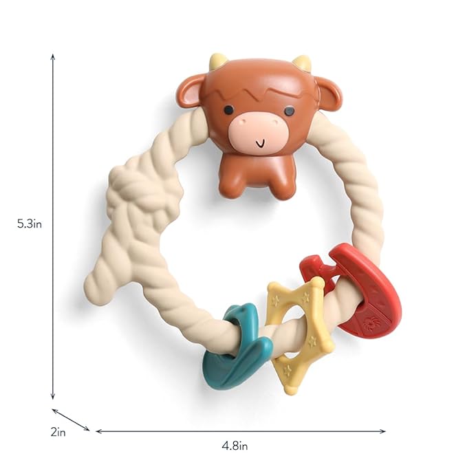 Itzy Ritzy Silicone Teether with Rattle – Rattle Teether Features Rattle Sound, Three Silicone Teething Rings and Raised Texture to Soothe Gums – Ages 3 Months and Up (Highland Cow)