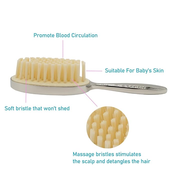 Silver Plated Keepsake Cute Bear Baby Hair Brush for Toddler Girl or Boy with Curly and Thick Hair, for Wet or Dry Newborn Infant Hair, Soft Bristle That Won't Shed, Gift Box Package for Gift Giving