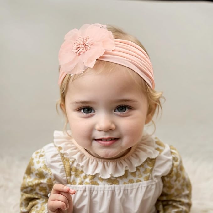 Large Flower Elastic headband for Baby Girl Infant Soft Fabric Chiffon Floral Hairband Toddler Newborn Christening Baptism Hair Accessories (Flower 2 - Pink, Elastic)