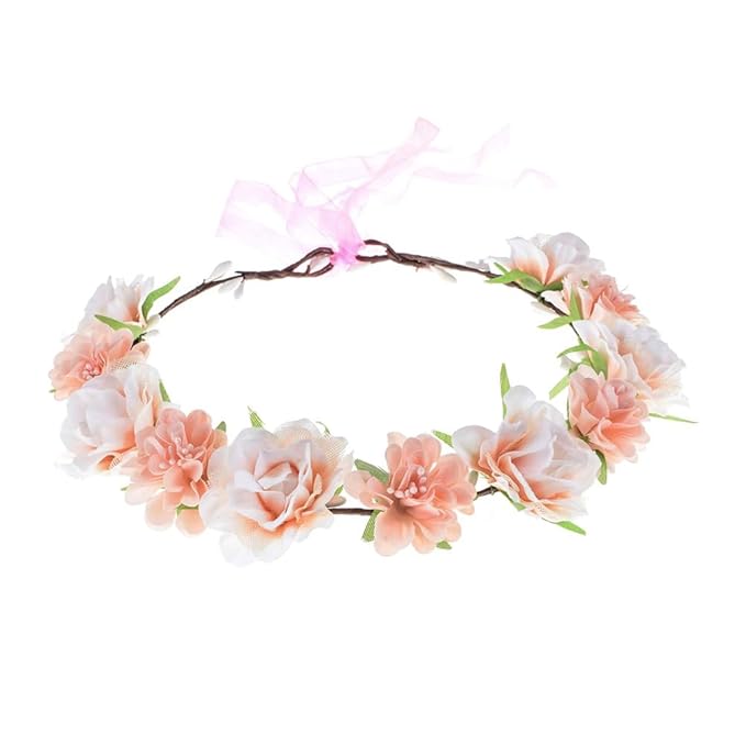 AKOAK 1 Pack Flower Crown, Bohemian Wreath for Girls Floral Tiara, Wedding Headband, Bride Bohemian Wreath/Baby Shower/Photo/Toddler (Flesh Pink)