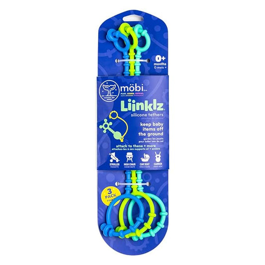 Mobi Liinklz Silicone Tethers for Car Seat & High Chair, Flexible, Soft Toy Straps for Baby, Easy Clean Toy Holder, Secure Stroller Straps for Infants 0+ Months, Cool Colors (3 Pack)