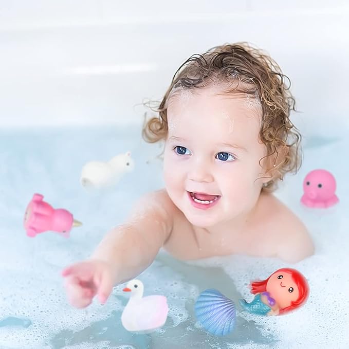 Bath Toys for Toddlers 1-3, No Hole Cute Light Up Bathtub Toys Floating Rubber Sea Animal Set with Flashing Colorful LED Light Unicorn Mermaid for Bathroom Shower Swimming Pool Party for Baby Girl Boy