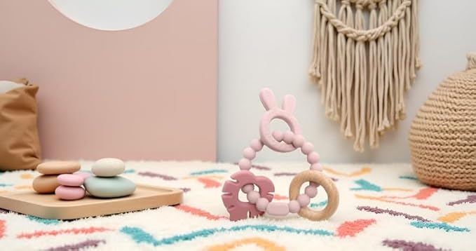 | Bohemian Teether | Baby Teether | Sensory Exploration and Teething Relief | 100% Food-Grade Silicone Teether Toy | BPA Free | Chewbeads | Silicone with Beechwood Ring | (Pink)