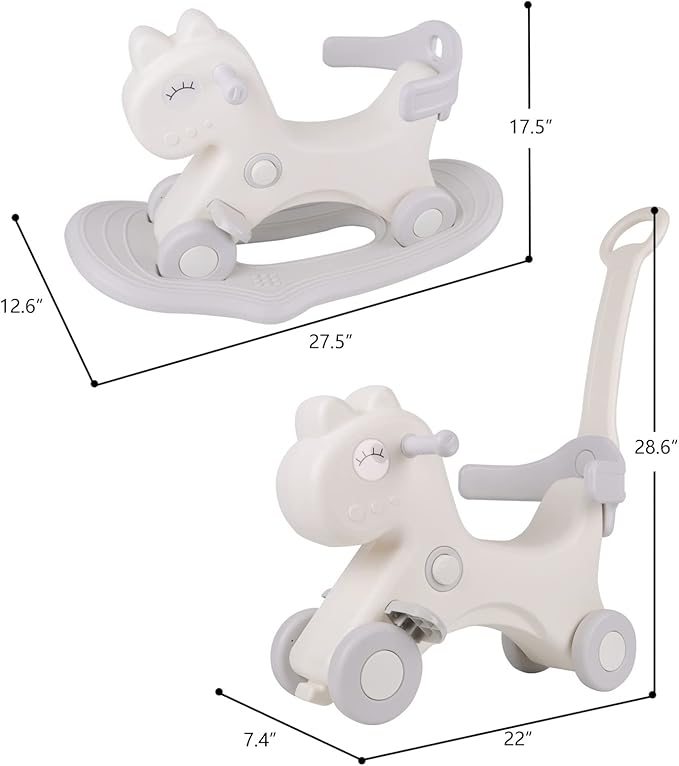 4 in 1 Rocking Horse for Toddlers 1-3 Years Old, Baby Rocking Toy Fun Birthday Gift for 1+ Kids, Ride on Toy with Detachable Balance Board and Footrest, Balance Bike with Push Handle, White