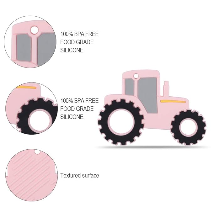 Baby Tractor Car Silicone Teether,Sensory Chew Toys,BPA Free Soft and Effective Infant Teething Pain Relief,Freezer Safe,Food Grade Silicone,Best Shower Gift for Boys and Girls (Pink)