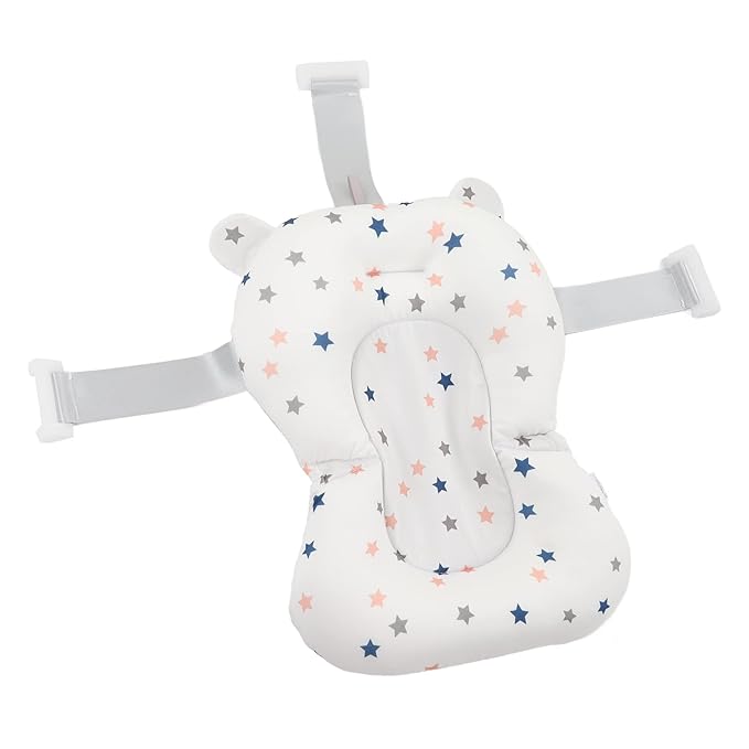 Baby Bath Cushion Pad - Newborn Bathtub Mat with Infant Bath Supporter Net and Nonslip Floating Seat (White Stars)