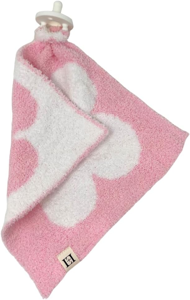 L+L USA Retro Flower Baby Lovey Pacifier/Teether Holder 10"x10" - DreamSoft Plush Fluffy Cuddly Soothie Reversible Mini Comfort Blanket - Cute Newborn Gift Essential Babies Boys Girls (Pink/White)