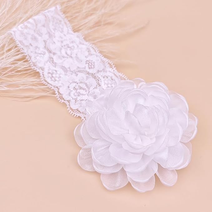 White Lace Christening Headband for Baby Girl Soft Cotton Flower Baptism Toddler Elastic Hairband Bow Newborn Infant Hair Accessories for Birthday Party (White 3, Standard size)