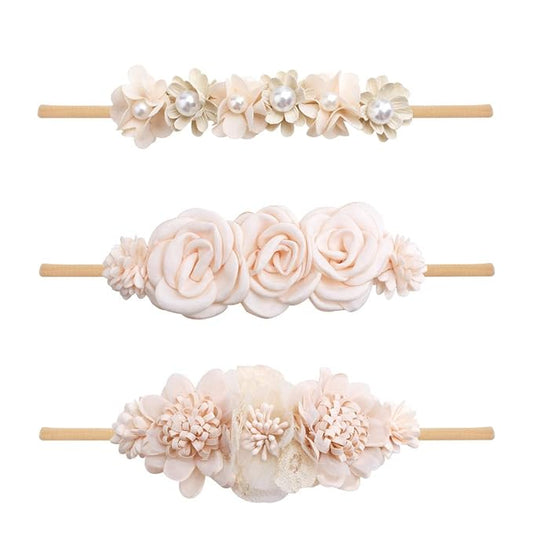 Baby Girl Nylon Headbands Flower Hair Bows Accessories-Elastic Hair Band Crown Handmade FLoral Wraps Birthday Gifts for Girls Newborn Infant Toddler 3Pcs