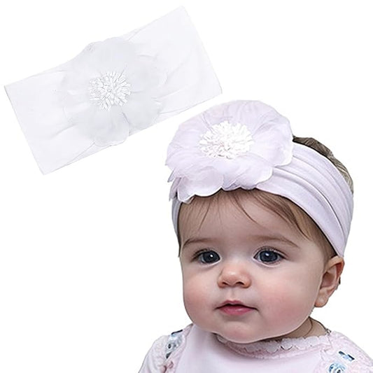 Large Flower Elastic headband for Baby Girl Infant Soft Fabric Chiffon Floral Hairband Toddler Newborn Christening Baptism Hair Accessories (Flower 2 - White, Elastic)