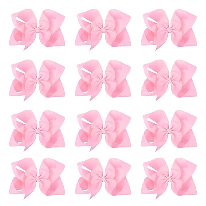 DEEKA 12 PCS 6" Big Hand-made Grosgrain Ribbon Hair Bow Alligator Clips Hair Accessories for Little Teen Toddler Girls - Light Pink