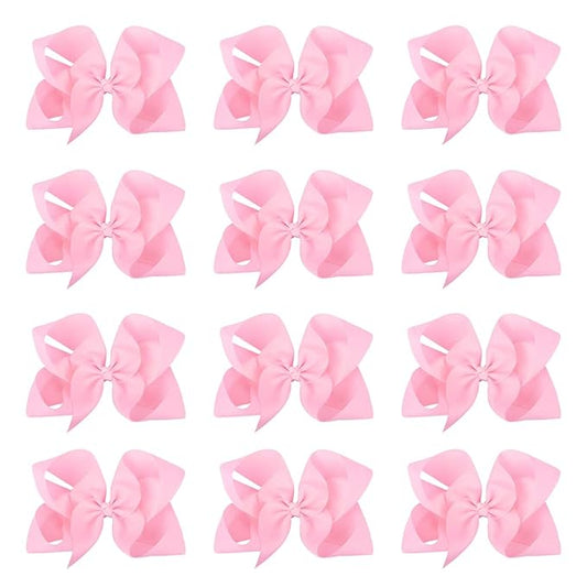DEEKA 12 PCS 6" Big Hand-made Grosgrain Ribbon Hair Bow Alligator Clips Hair Accessories for Little Teen Toddler Girls - Light Pink