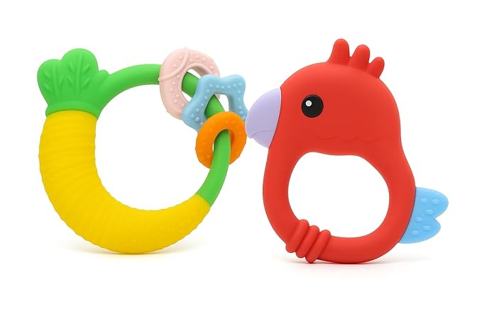 Baby Teether with Easy-Hold Handle, Silicone, BPA-Free, Soothe Sore Gums, Textured for Sensory Development, Teethable Surfaces - Baby Teething Toy for 3 Months & Up (Raddish and Bird)