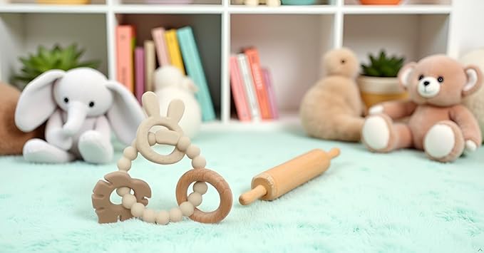 | Bohemian Teether | Baby Teether | Sensory Exploration and Teething Relief | 100% Food-Grade Silicone Teether Toy | BPA Free | Chewbeads | Silicone with Beechwood Ring | (Tan)