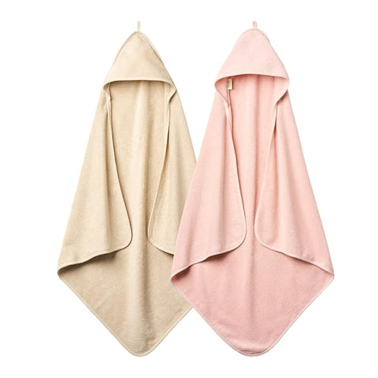 Hooded Baby Towels - 100% Organic Cotton Baby Bath Towels, 32" x 32" Super-Soft and Absorbent Baby Towels for Newborn Baby Girls 2-Pack (Blush/Fog)