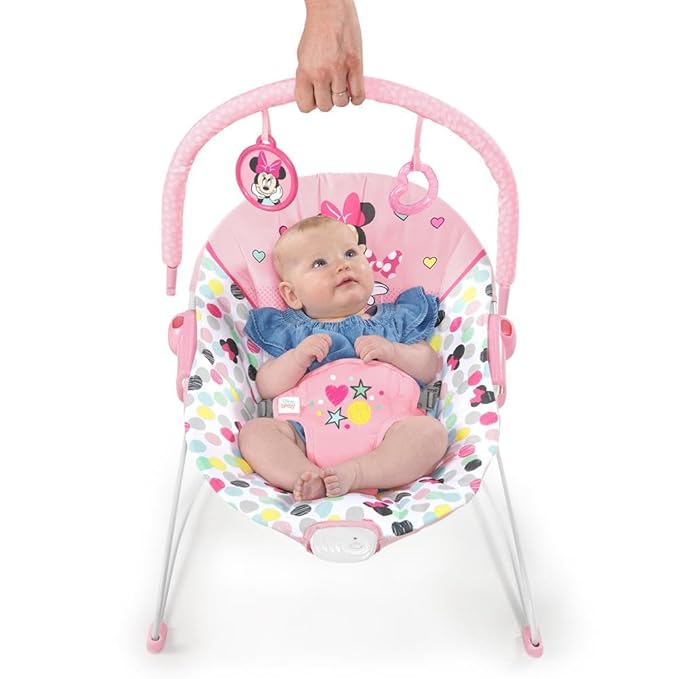 Bright Starts Disney Baby Minnie Mouse Baby Bouncer Soothing Vibrations Plush Infant Seat - Removable Toy Bar, Nonslip Feet, 0-6 Months Up to 20 lbs (Spotty Dotty)